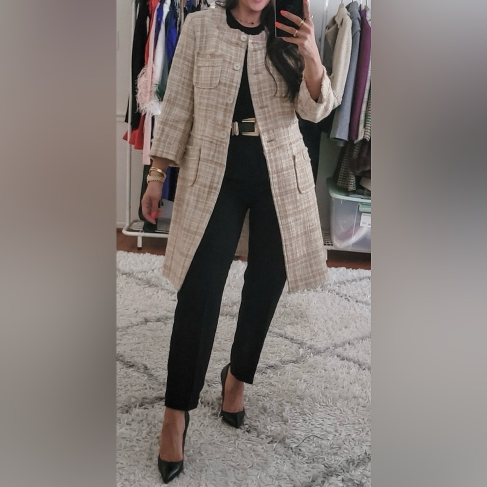 Tan tweed midi blazer jacket